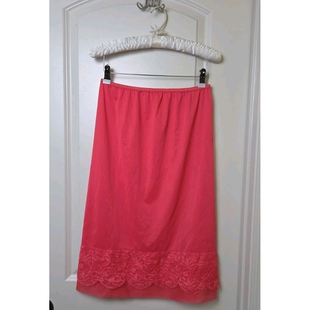 Vtg 50s Pink Half Slip Skirt Tricot Nylon Wide‎ Lace Overlay Trim Rogers Size 6